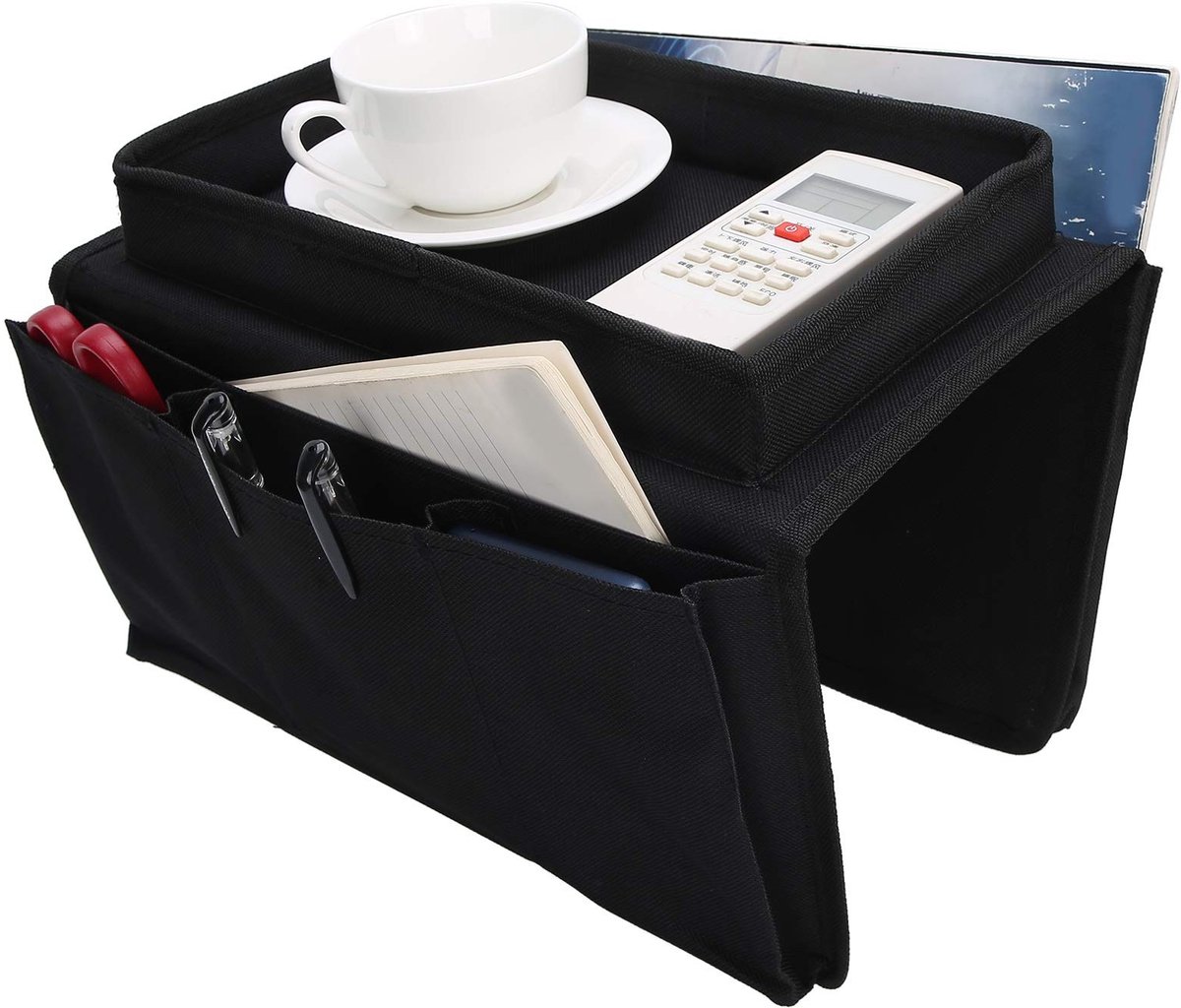 Sofa Armrest Organizer Caddy met 4 Pocket en Bekerhouder - Oxford Katoen (Zwart)