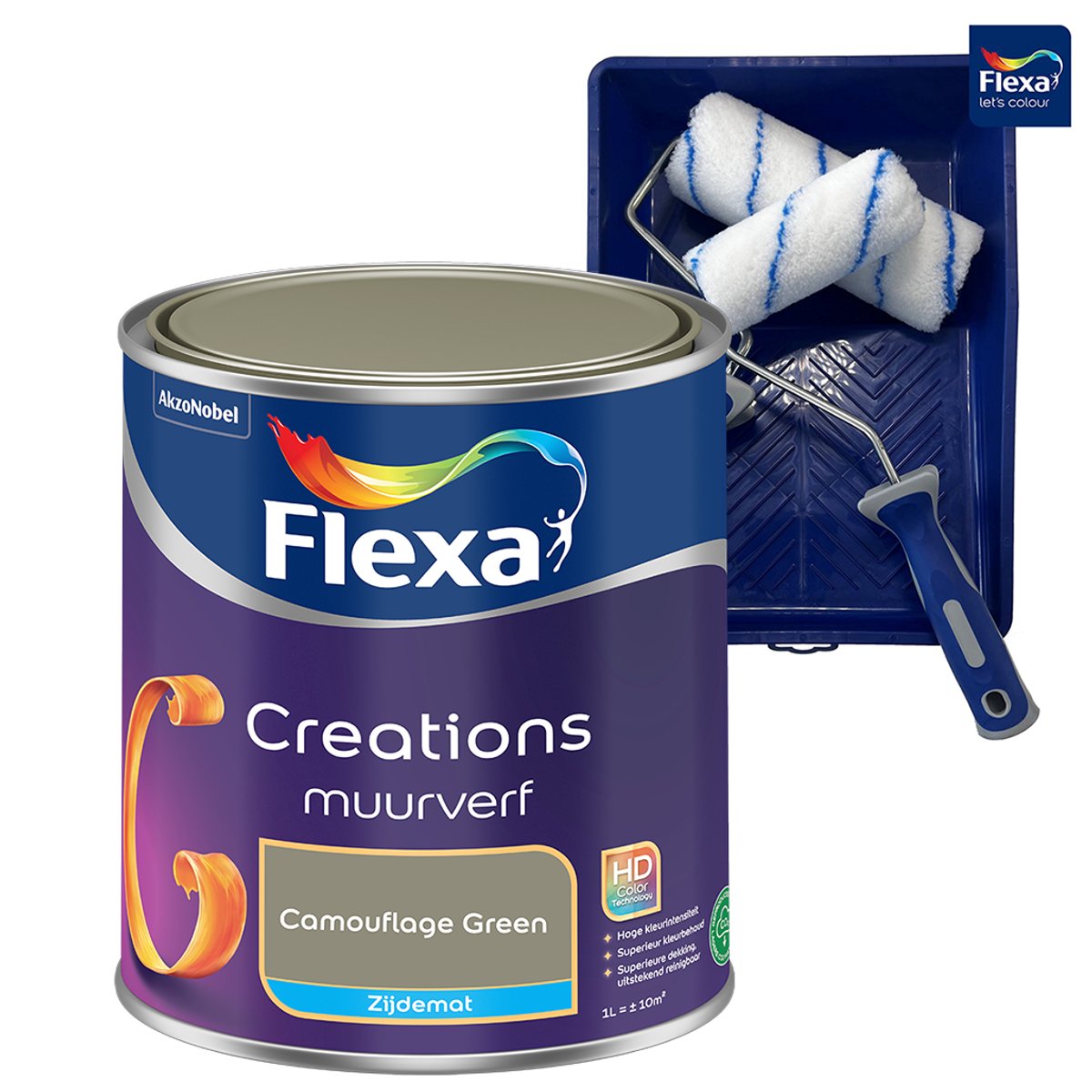 Voordeelpakket Flexa Creations - Muurverf - Zijdemat - 3029 - Camouflage Green - 1 Liter + Muurverf - Roller - 5 Delig