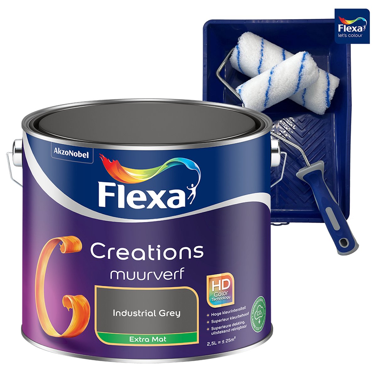 Voordeelpakket Flexa Creations - Muurverf - Extra Mat - Industrial Grey - Grijs - 2,5 Liter + Muurverf Roller - 5 Delig