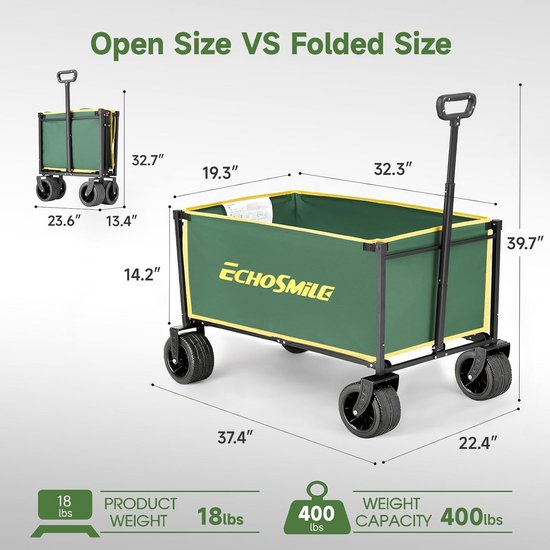 EchoSmile Bolderkar, opvouwbaar, 200 liter, 180 kg belastbaar, handwagen, transportwagen, inklapbaar met verstelbare handgreep, brede wielen, voor alle terrassen, strandwagen, tuinwagen, winkelwagen — afbeelding 2
