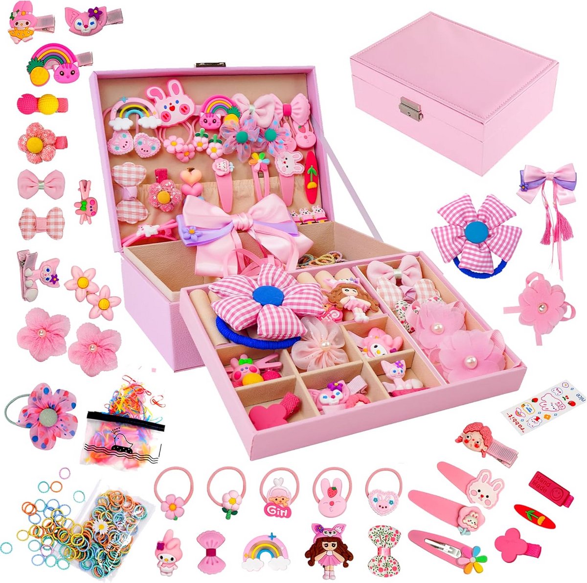 Grote Set Haaraccessoires voor Meisjes - Inclusief Sieradendoos, Haarclips, Strikken en Elastiekjes