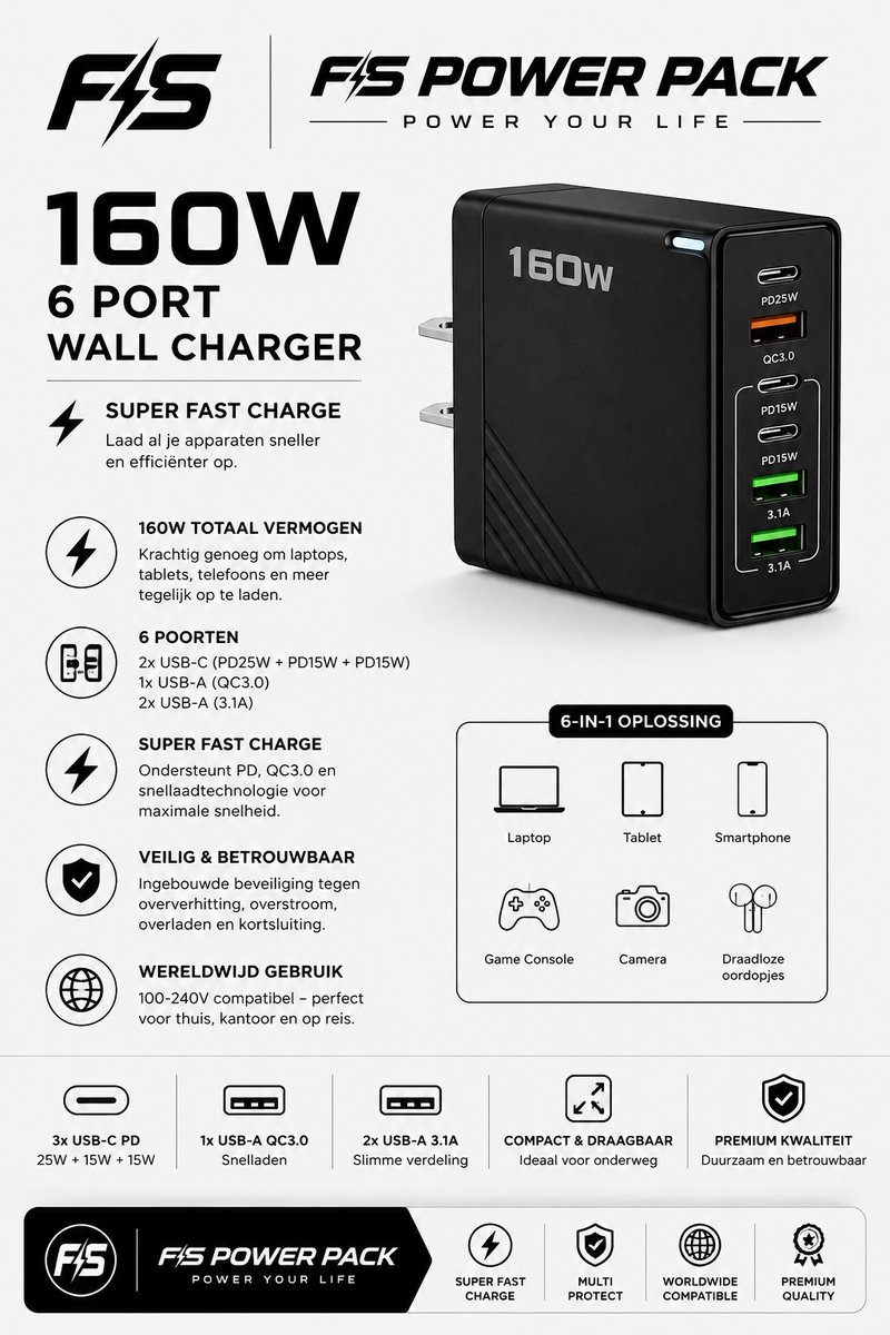 Snellader FS Power Pack 160W USB-C Snellader – 6 Poorten (3× USB-C + 3× USB-A) – PD & QC3.0 – Multi-Poort Oplader voor Smartphone, Tablet & Laptop – Zwart – Inclusief EU Stekker