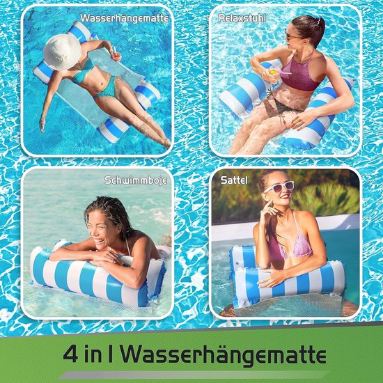 Opblaasbare waterhangmat - Luchtmatras drijvend - Ontspannen in water - Met nylon net - 120 cm - Blauw — afbeelding 2