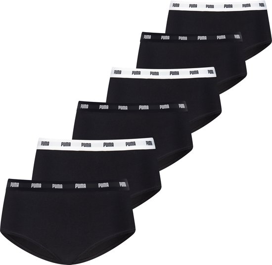 Zes zwarte mini shorts van Puma met een wit elastische band met Puma-logo.