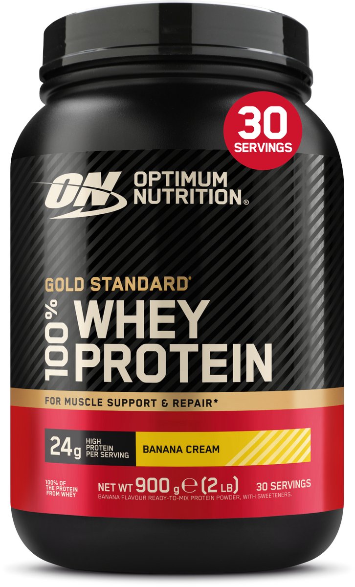 Bol.com Optimum Nutrition Gold Standard 100% Whey Protein - Banana Cream - Proteine Poeder - Eiwitshake - 900 gram (28 servings) aanbieding