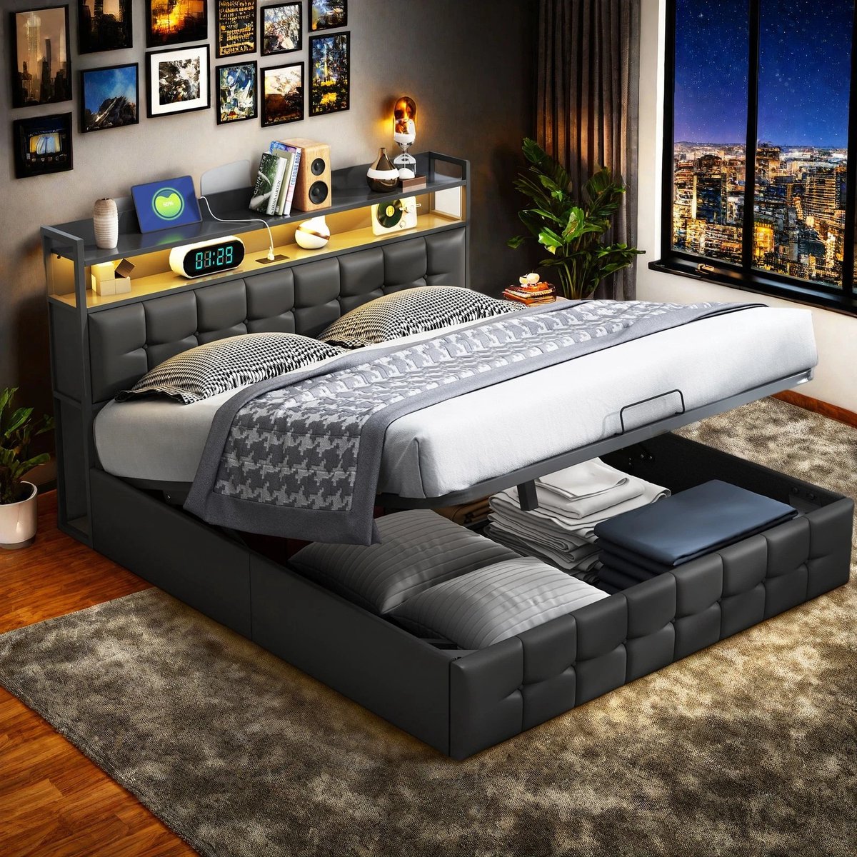 Boxspringbed Gestoffeerd Bed 160x200 cm met LED en USB,Tweepersoonsbed met Lattenbodem en Hydraulische Hendel,Opbergbed, gestoffeerd bedframe,PU,Zwart,Zonder Matras