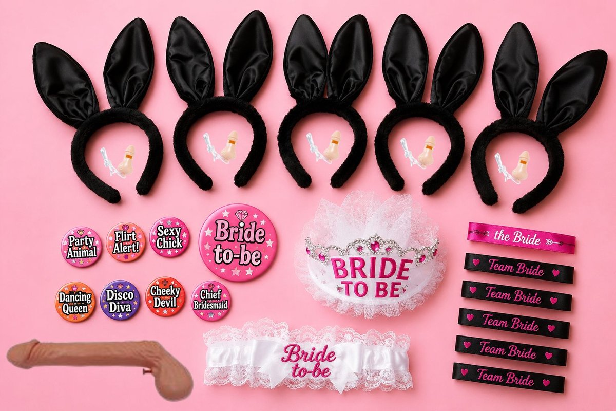 Vrijgezellenfeest Pakket Dames – Bride to Be Set met Bunny Oren, Tiara met Sluier, Willy Waterpistool & Team Accessoires