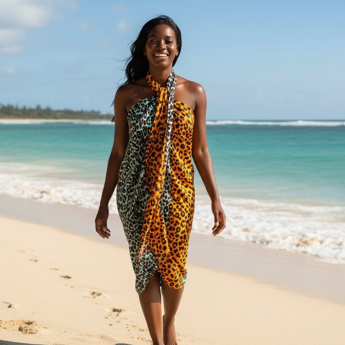 Sarong / pareo / pangi katoen - Strandkleding wikkelrok / strandjurk / omslagdoek / baby wrap - Panter oranje / turquoise