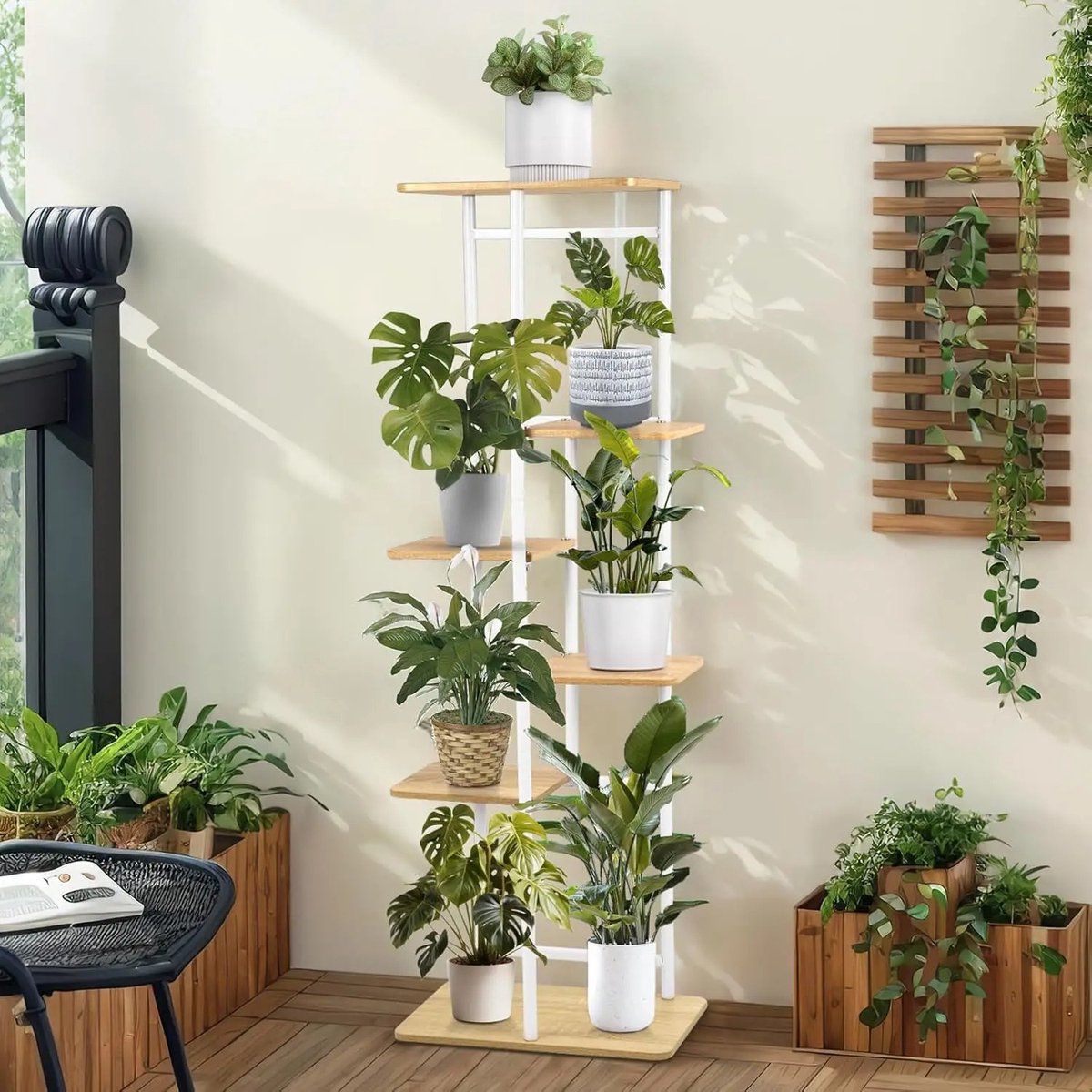 Calivari 6-Laags Metalen Plantenstandaard – Moderne Bloemenrek Plantentafel voor Binnen – Wit/Houtlook – 106 cm