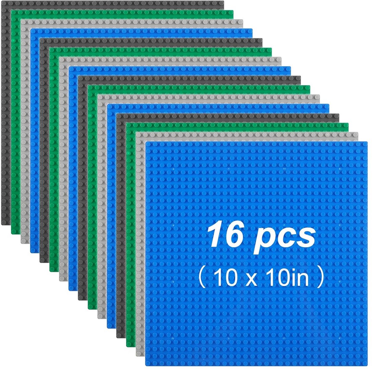 16 Stuks Klassieke Bouwplaten 10"x10" - Groen, Zand, Blauw en Grijs - Compatibel met Alle Grote Merken Blokken