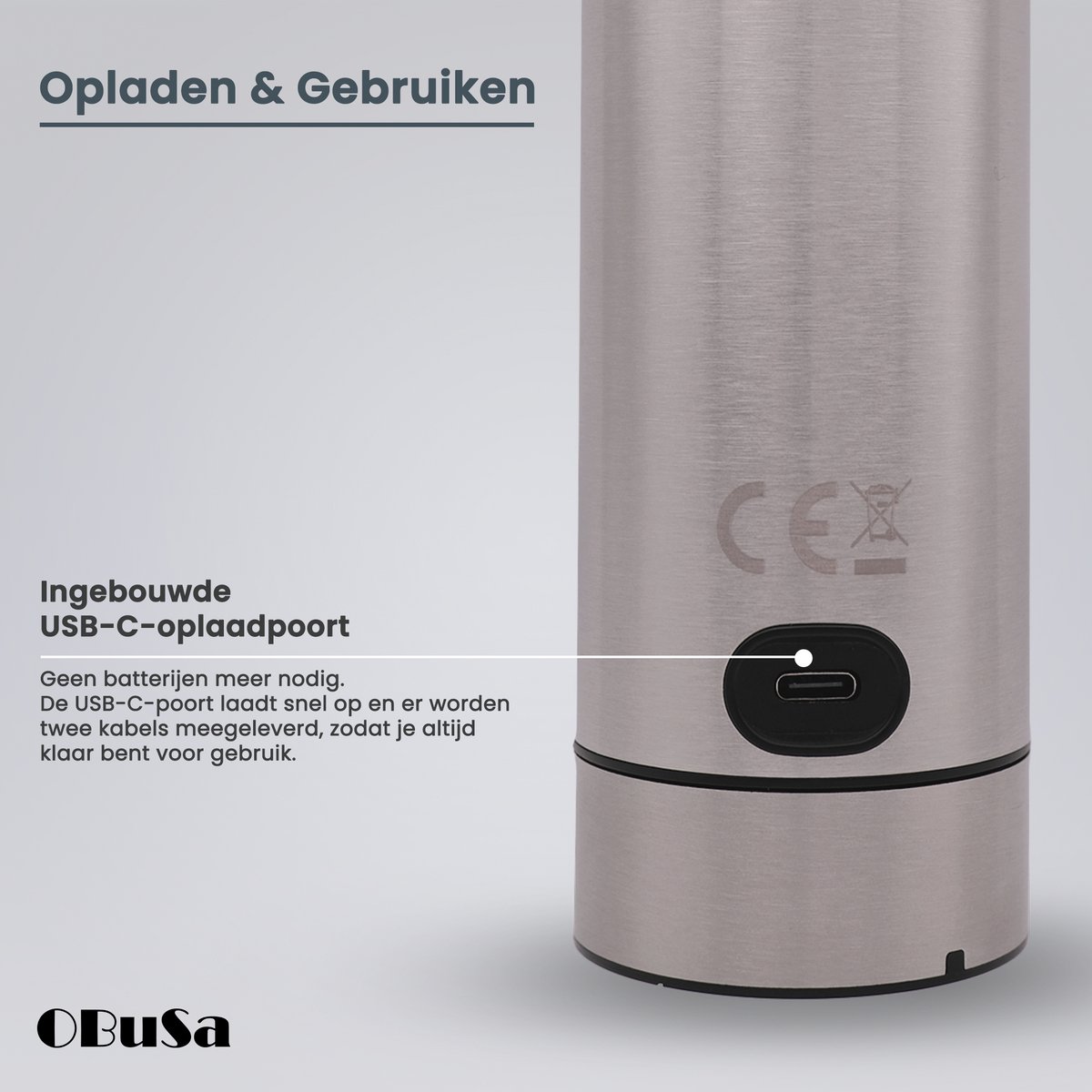 OBUSA - Hoogwaardige Elektrische Peper- en Zoutmolen Set - Keramisch Maalwerk - Instelbare Maalgraad en Snelheid - USB C Oplaadbaar - Antivingerafdruk RVS - Gemakkelijk bij te Vullen - Inhoud 110 ml — cadeau in Kookcadeaus - foto 4