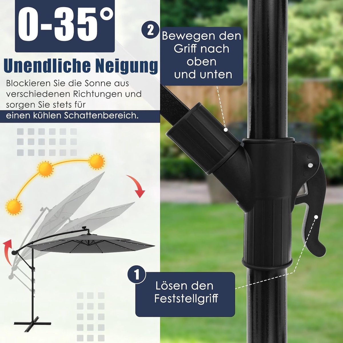 COSTWAY Parasol 300 cm, zweefparasol met 40 ledlampen op zonne-energie en zwengel, tuinscherm, marktparasol, terrasparasol voor tuin, zwembad, terras, antraciet, antraciet, 300 cm – foto 4