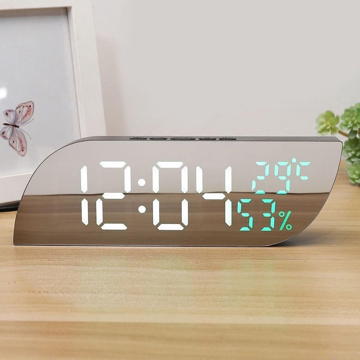 aladdien - Elektronische bureauwekker - Stille wekker met temperatuur - Spiegeldisplay - Wit+groen - Digitale helderheid - Compact en stijlvol