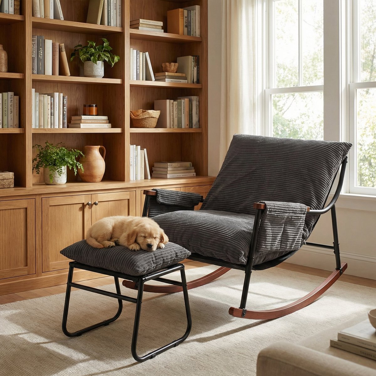 HomeMiYN Velvet Gestreepte Stof Schommelstoel – Bruin – 180 kg Capaciteit – Modern en Comfortabel Ontwerp – Perfect voor Woonkamer, Patio & Slaapkamer – Ergonomische Schommelstoel