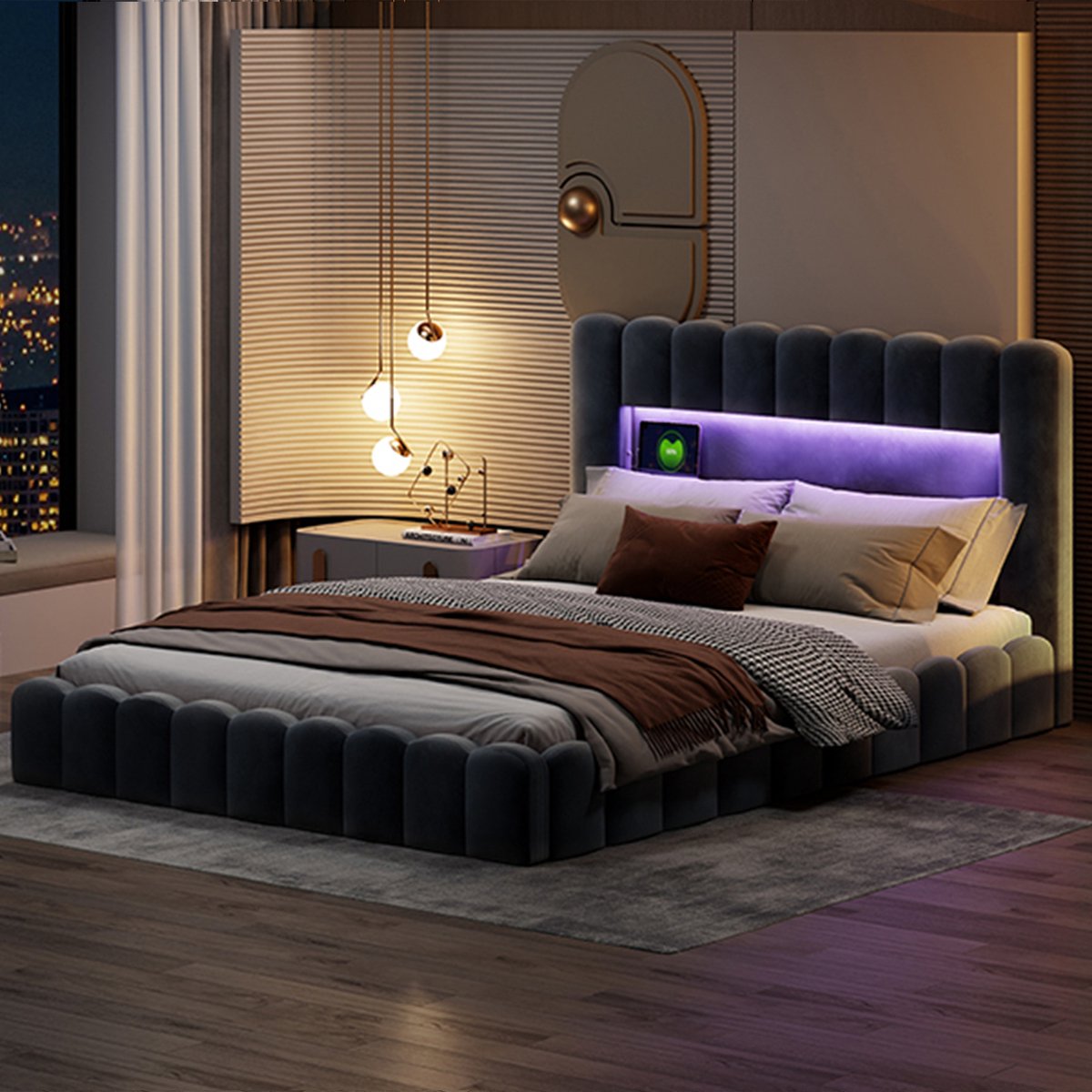 Fluwelen Gestoffeerd Boxspring Bed 180x200 cm Met Opbergruimte en Lattenbodem - Tweepersoonsbed Met USB-C - Hydraulisch Opbergbed Met LED - Grijs - Zonder Matras