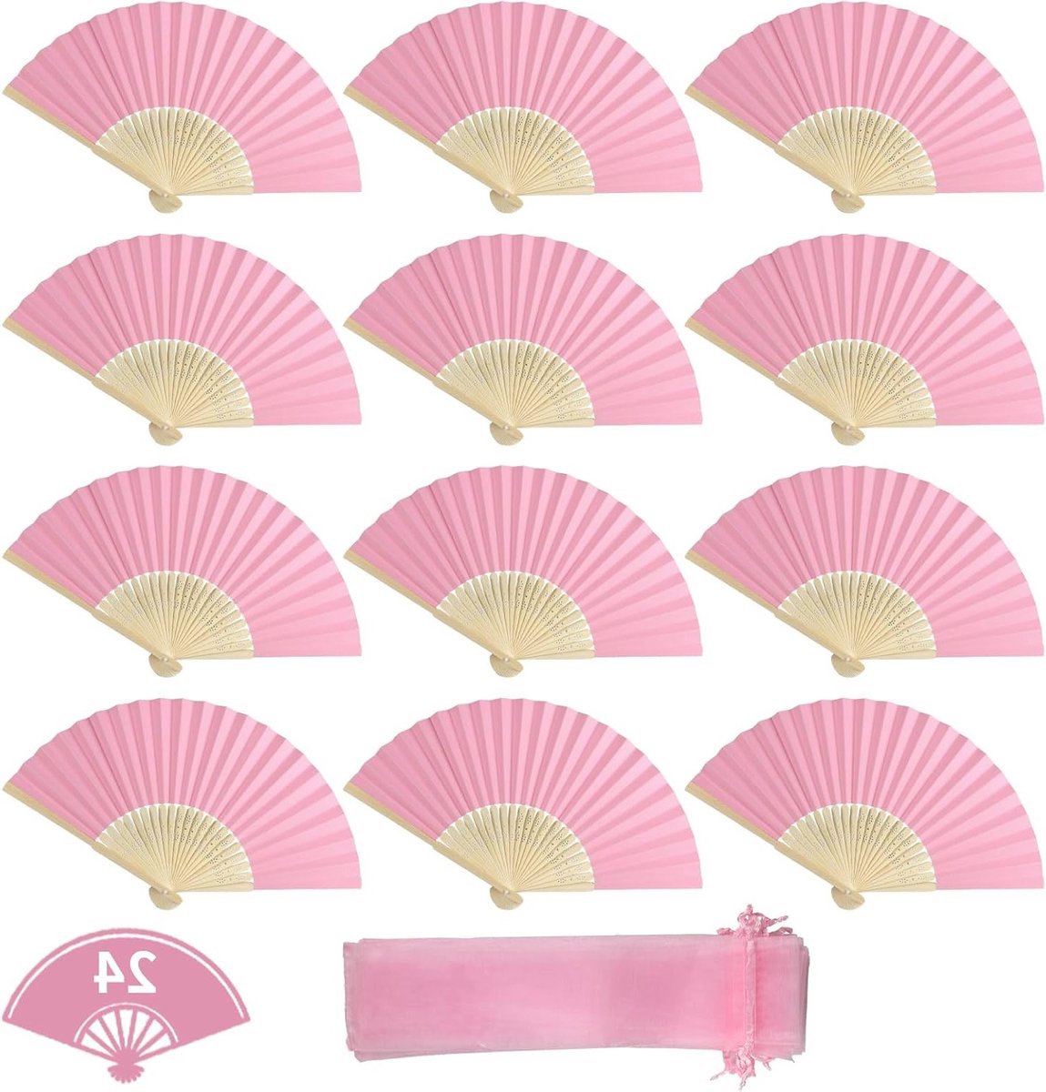 24 Stuks Houten Vouwfans voor Bruiloften - Papieren Japanse Vouwfans in Roze - Aangepaste Feestgeschenken en Wanddecoratie