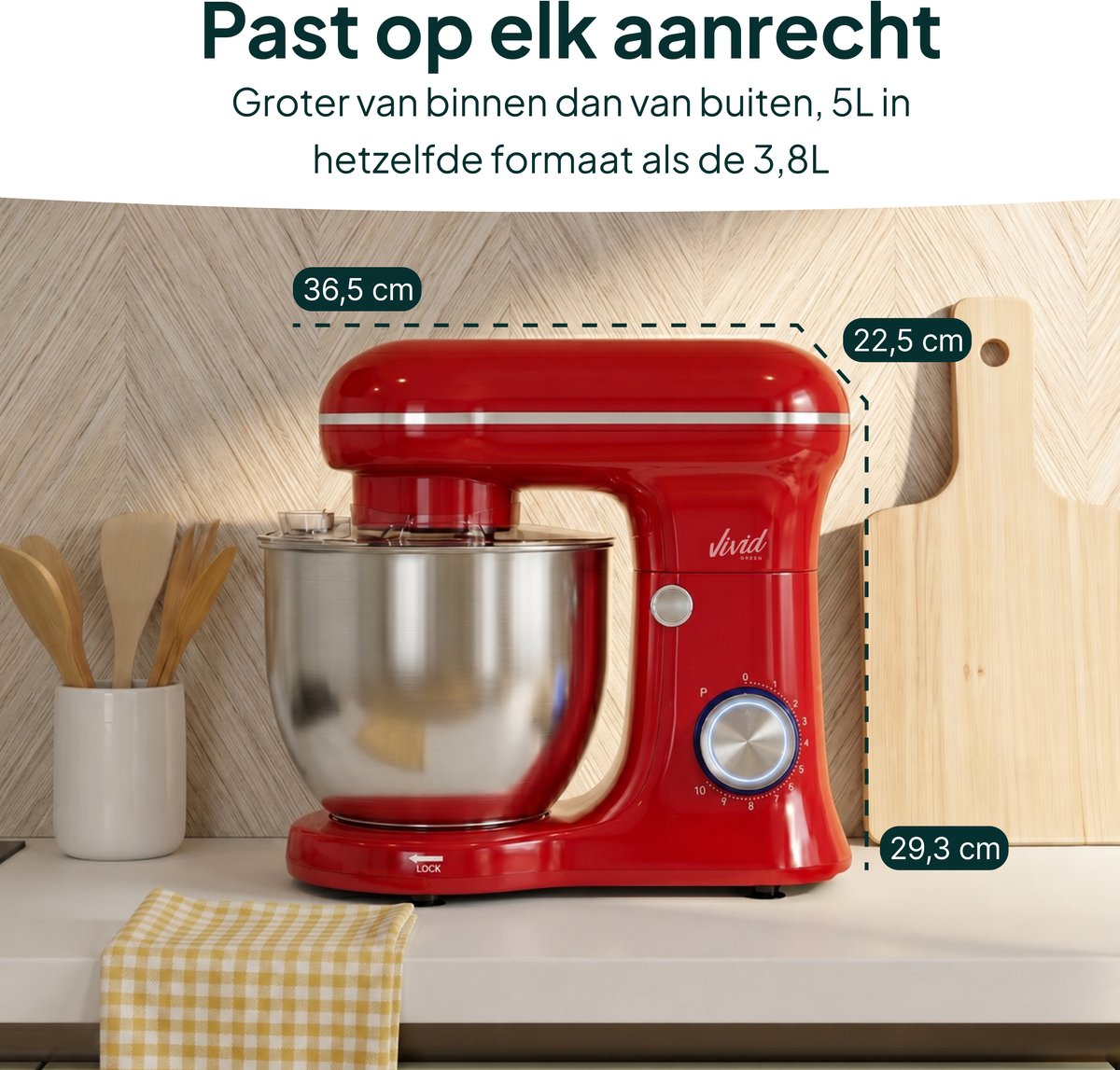 Vivid Green 1500W Keukenmixer - 5L Mengkom - Rood thumbnail 3