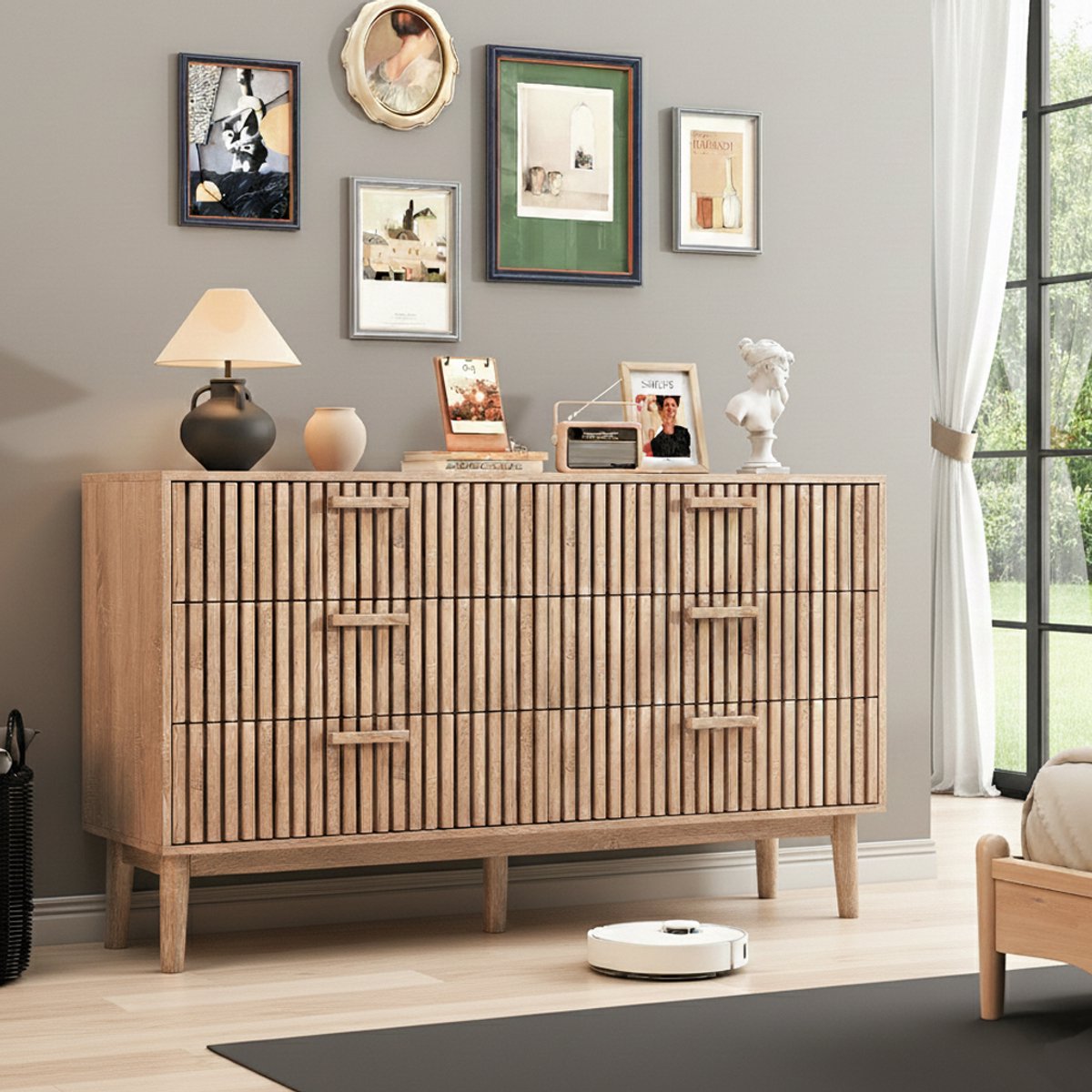 Ladekast met 6 Lades, 100x34x73cm, Houten opbergkast met anti-kantelmechanisme, Modern Dressoir, kinderladekast, slaapkamerkast voor slaapkamer, woonkamer, hal