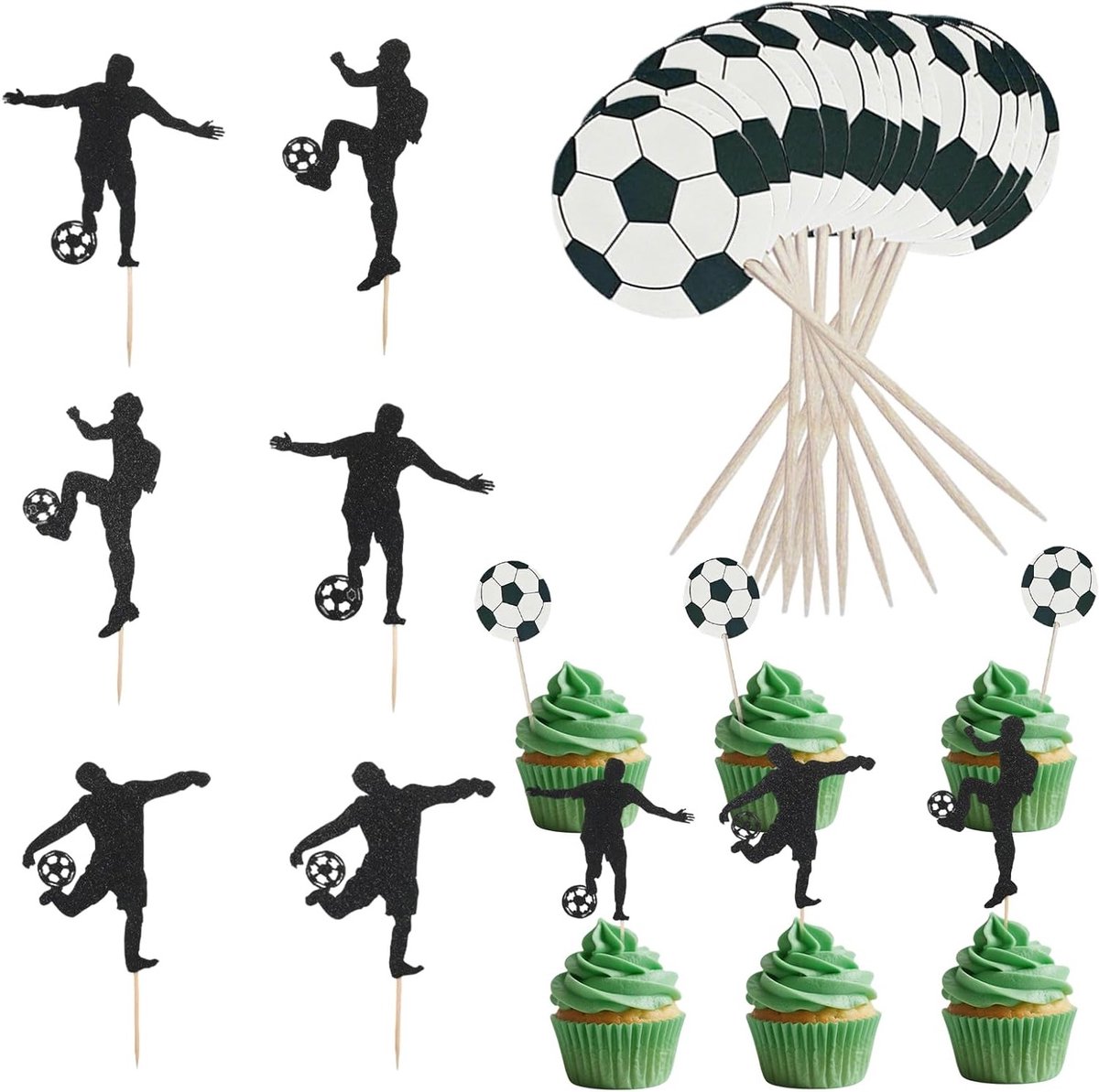 Voetbal Cupcake Toppers - 48 Stuks - Feestelijke Muffin Decoratie voor Verjaardagsfeestjes van Jongens, Ideaal voor Voetbalthema en Kinderfeestjes