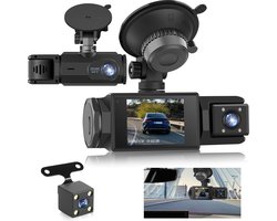 WiFi Dashcam voor Auto – 3-kanaals Draadloze Dashcam met App, Voor Binnenin Achter Camera, Full HD 1080P, 2” IPS-scherm, Nachtzicht, Bewegingsdetectie, Loopopname, 64GB-kaart Inbegrepen