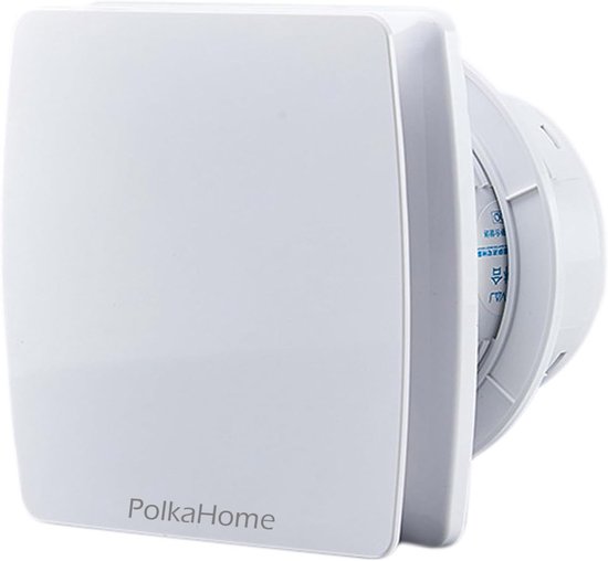 Ventilateur d'extraction blanc PolkaHome avec façade carrée, monté sur un mur.