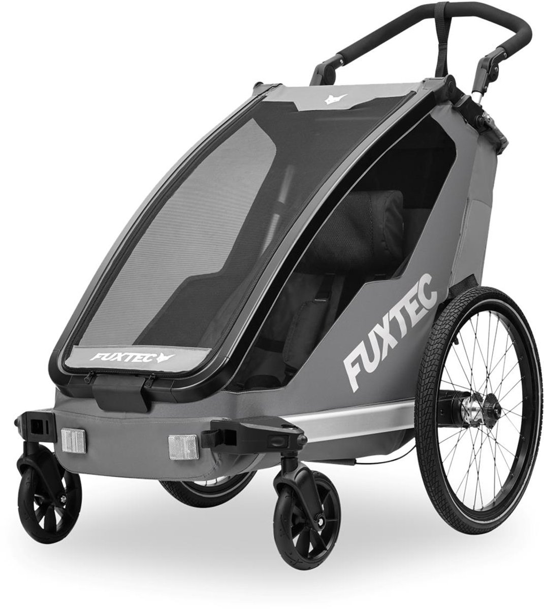 FUXTEC fietskar FX-FA1S grijs, eenzitter opvouwbaar met koppeling, duwbeugel, regenhoes, 5-puntsgordel, max. belasting 35 kg