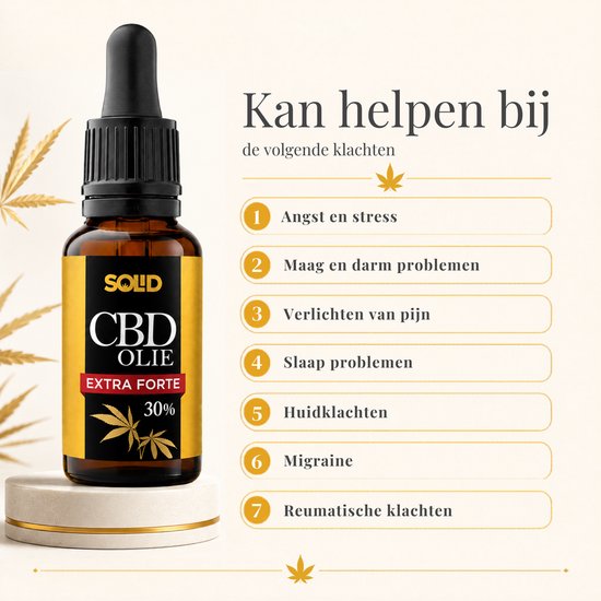 Bruine fles CBD Olie Extra Forte 30% met zwarte druppelaar, naast een lijst met klachten die het kan helpen.