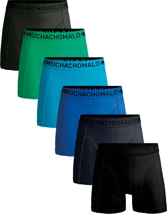 Set van zes Muchachomalo boxershorts in kleurverloop van zwart naar groen en blauw.