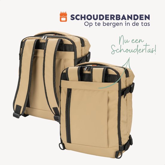 Zandkleurige rugzak met opgeborgen schouderbanden en een variant die als schoudertas wordt getoond.