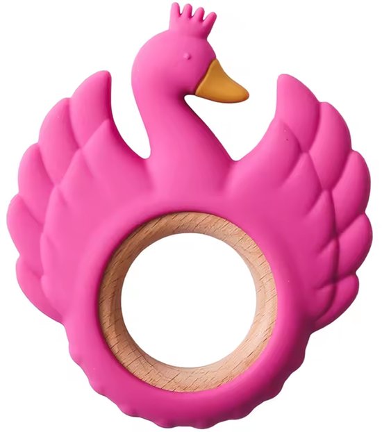Roze zwaan bijtring met een houten ring, met een gedetailleerde verenkleding en een kroontje op het hoofd.