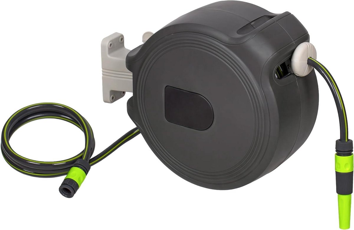 Wandgemonteerde slanghaspel - Automatische oproller - Tuin besproeien - Stop-and-go systeem - 20 meter slang - Grijs