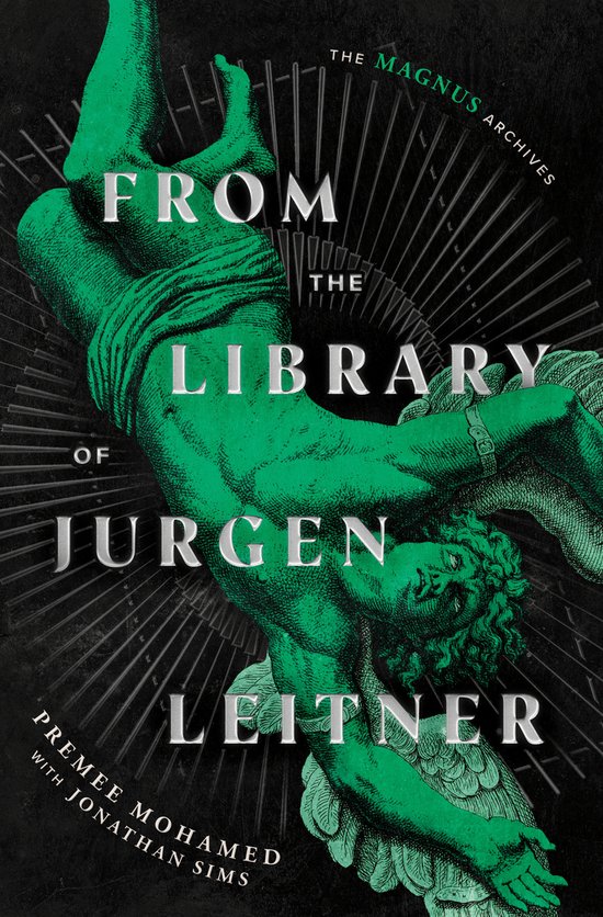 Boekomslag van 'From the Library of Jurgen Leitner'. Een groene figuur valt naar beneden, met de titel in zilveren letters.