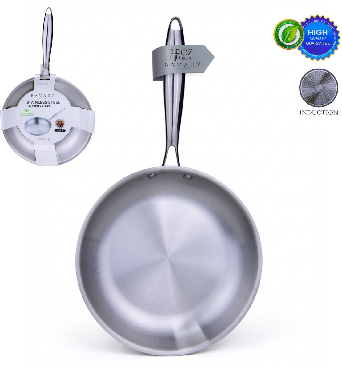 OZ Home Bavary RVS Koekenpan 28 cm - Inductie - 18/10 inox - Zonder Coating - PFAS-vrij - Alle Warmtebronnen
