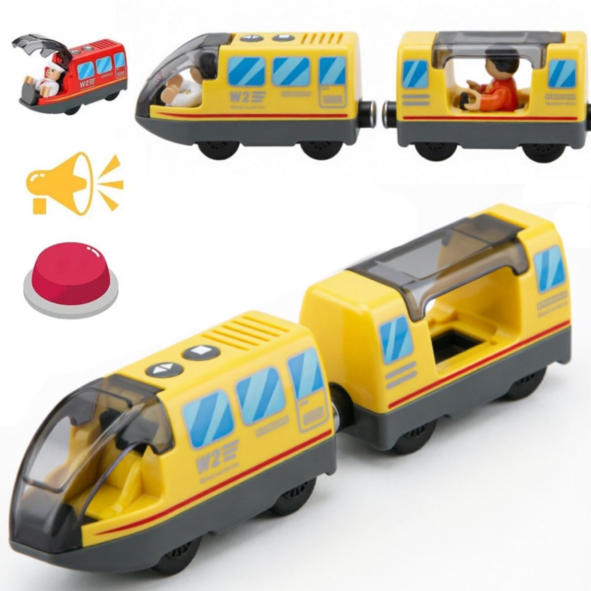 Elektrische Trein met Magnetische Koppeling, Compatibel met Houten Treinbanen, Batterij Aangedreven Speelgoedtrein met Vooruit/Achteruit Functie en Geluidseffecten, voor Kinderen vanaf 3 Jaar - geel