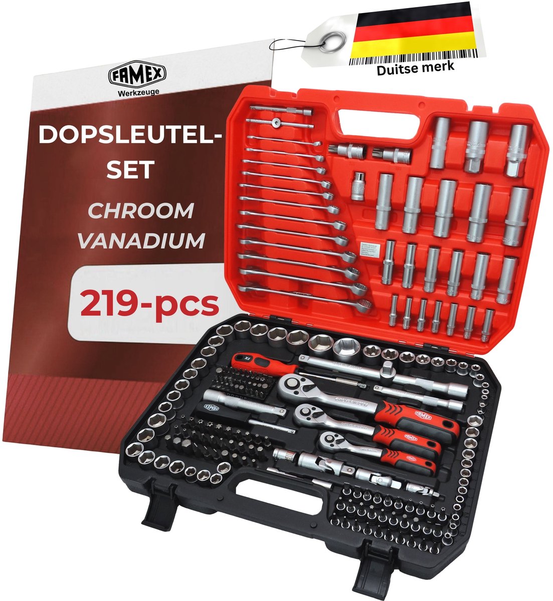FAMEX 555-50 Dopsleutelset en bitset 1/2", 1/4", 3/8", 219-delig, van chroom-vanadiumstaal - Gereedschap Set, Doppenset, Socket Set