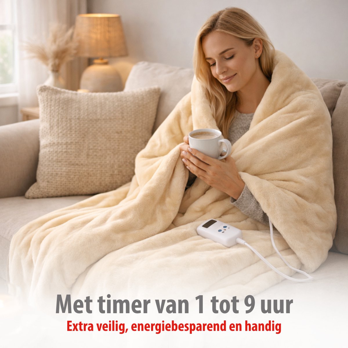 alpina Warmtedeken Elektrische Bovendeken 130 x 180 cm - 1-Persoons Elektrische Warmte Deken met Timer 1-9u - Knuffeldeken met 10 Standen - Wasbare Omslagdeken - Flanel - Beige – foto 4