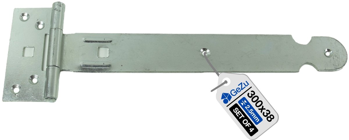 GeZu Impex 4 stuks Kruishengen,T scharnieren, Poortscharnieren, Enkel blad lengte 300*38mm, Electrolytisch verzinkt staal