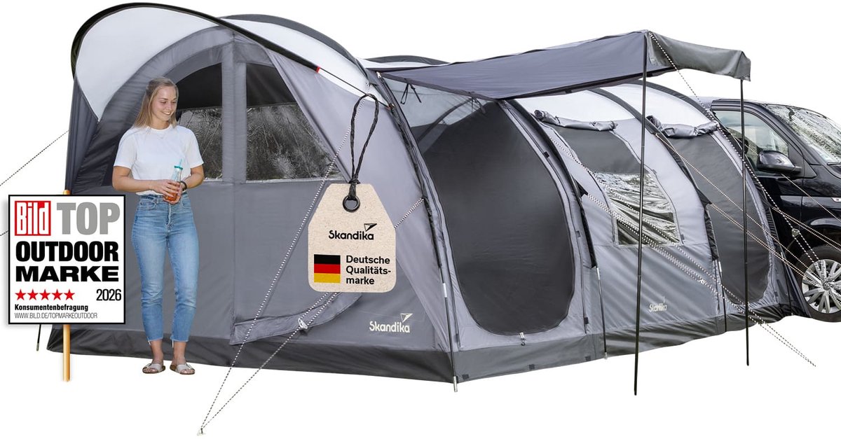 Skandika Esbjerg 4 Voortent – Tenten – Voortent vrijstaant voor auto, – Voor 4 personen – Ingenaaide tentvloer - Tunneltent – 2.1m stahoogte  – 2 slaapcabines – 480 x 320 x 210 cm (L x B x H) - 5000 mm waterkolom – Kamperen – sand