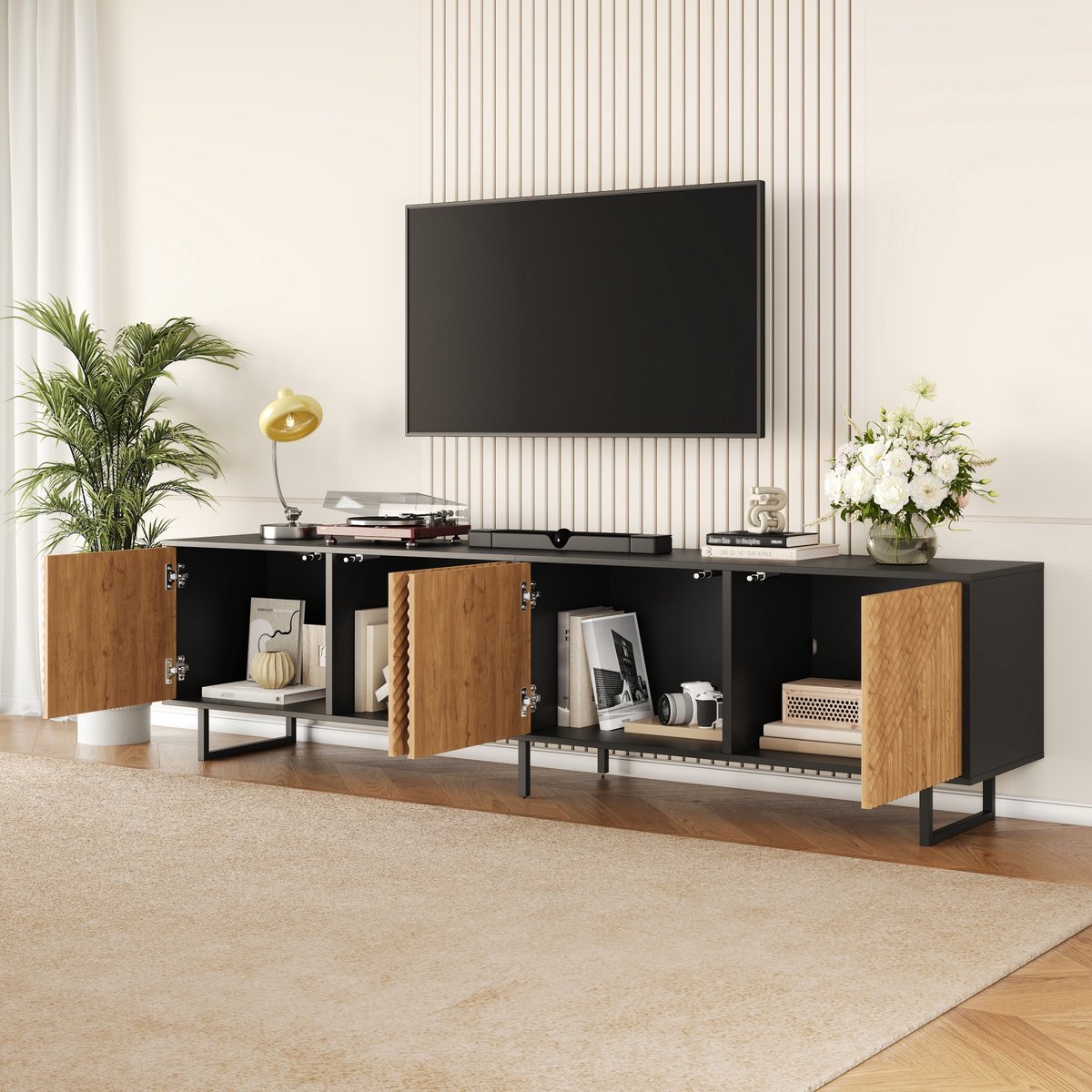 Tv-meubel 180x40x50 cm - lage kast - met 4 kastdeuren - vacuümgegoten behuizingontwerp - woonkamerkast - houtkleur en zwart