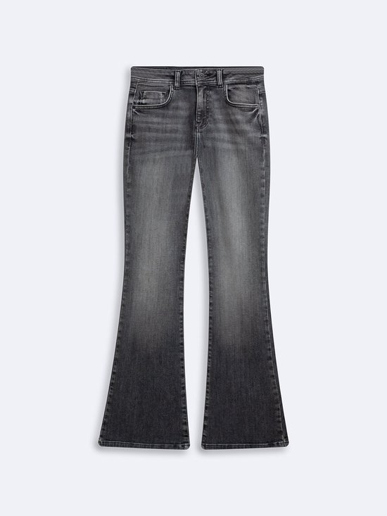 Grijze jeans met wijde pijpen en een lichte wassing.