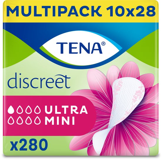 Multipack TENA Discreet Ultra Mini inlegkruisjes, 10x28 stuks. Verpakt met een grote roze bloem.