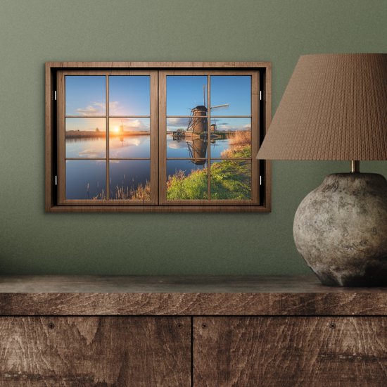 Aluminium schilderij 30x20 cm - Wanddecoratie metaal - Doorkijk - Molen - Zonsondergang - Metalen muurdecoratie woonkamer - Decoratie industrieel - Foto op dibond - Industriële accessoires slaapkamer