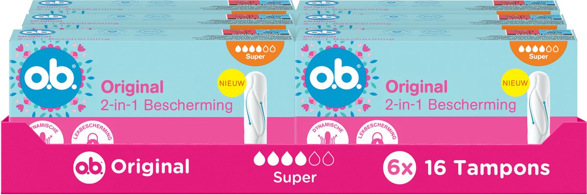 o.b. Original Dynamic Fit Super - 2-in-1 bescherming - tampons - tampon zwaardere menstruatiedagen - 6x16 tampons