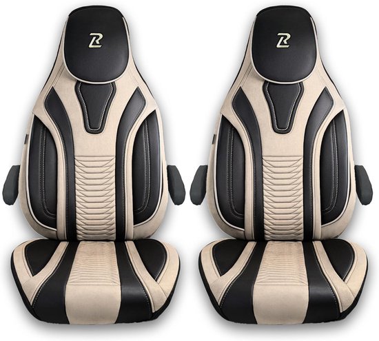 Set van 2 Stoelhoezen voor Camperbus Fiat Ducato, Peugeot Boxer, Citroen Jumper en Opel Movano - Beige Velours en Kunstleer — afbeelding 4