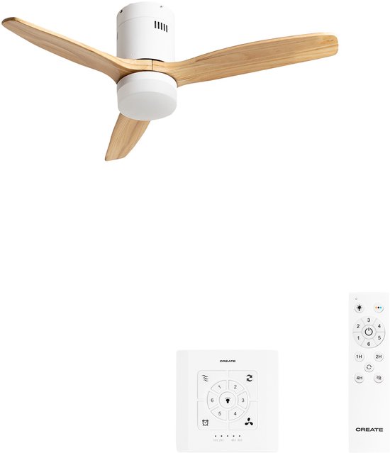 Plafondventilator 40W silent hout Ø132cm met LED 18W warm/koud licht timer wifi wandbediening afstandsbediening