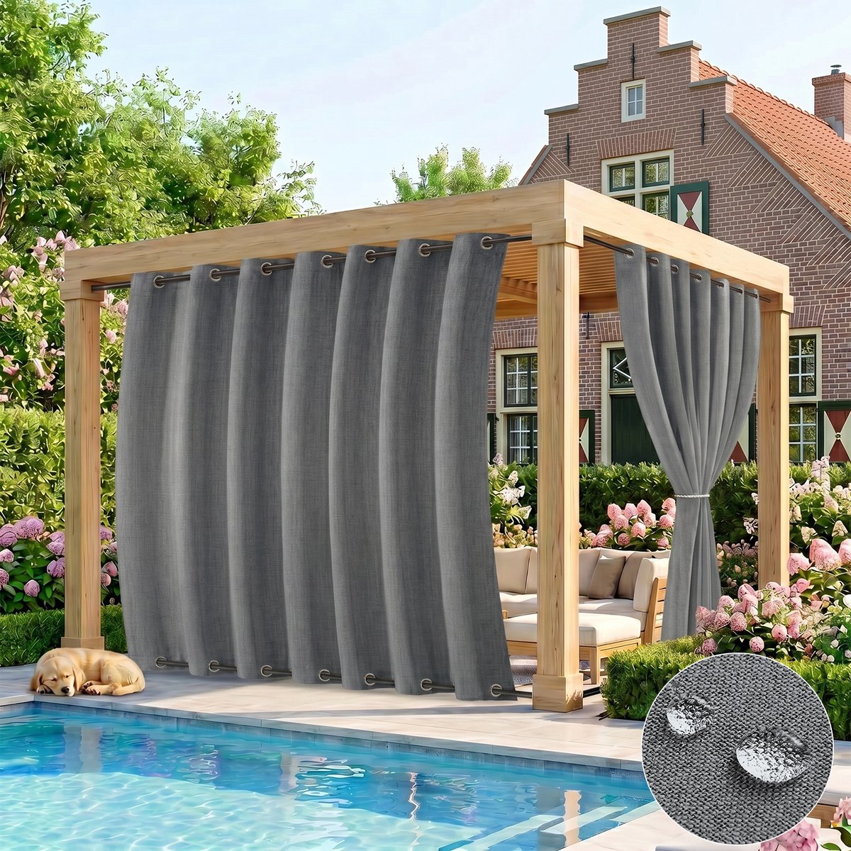 Qelus 2 Stuks Buitengordijnen Waterdicht en Winddicht - 254x214 cm - Buitengordijn met Ringen Boven en Onder - Verduisterend Outdoorgordijn voor Overkapping - Zwaar Faux Linnen - Grijs
