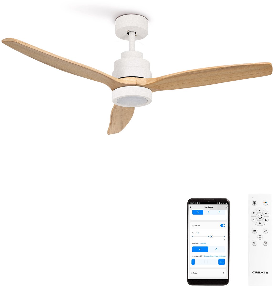 CREATE - Plafondventilator 40W silent 100% hout - Wit / Licht hout - Ø112cm - Met licht - WIFI + Afstandsbediening - WIND STYLANCE