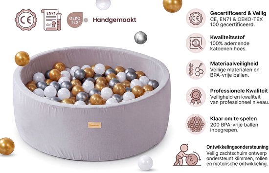 Taupe grijze ballenbak met gouden, zilveren en parelmoer ballen. Links staan certificeringen en productinformatie.