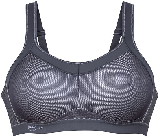 Grijze sportbeha met zilverkleurige mesh cups, versterkte naden en verstelbare bandjes.