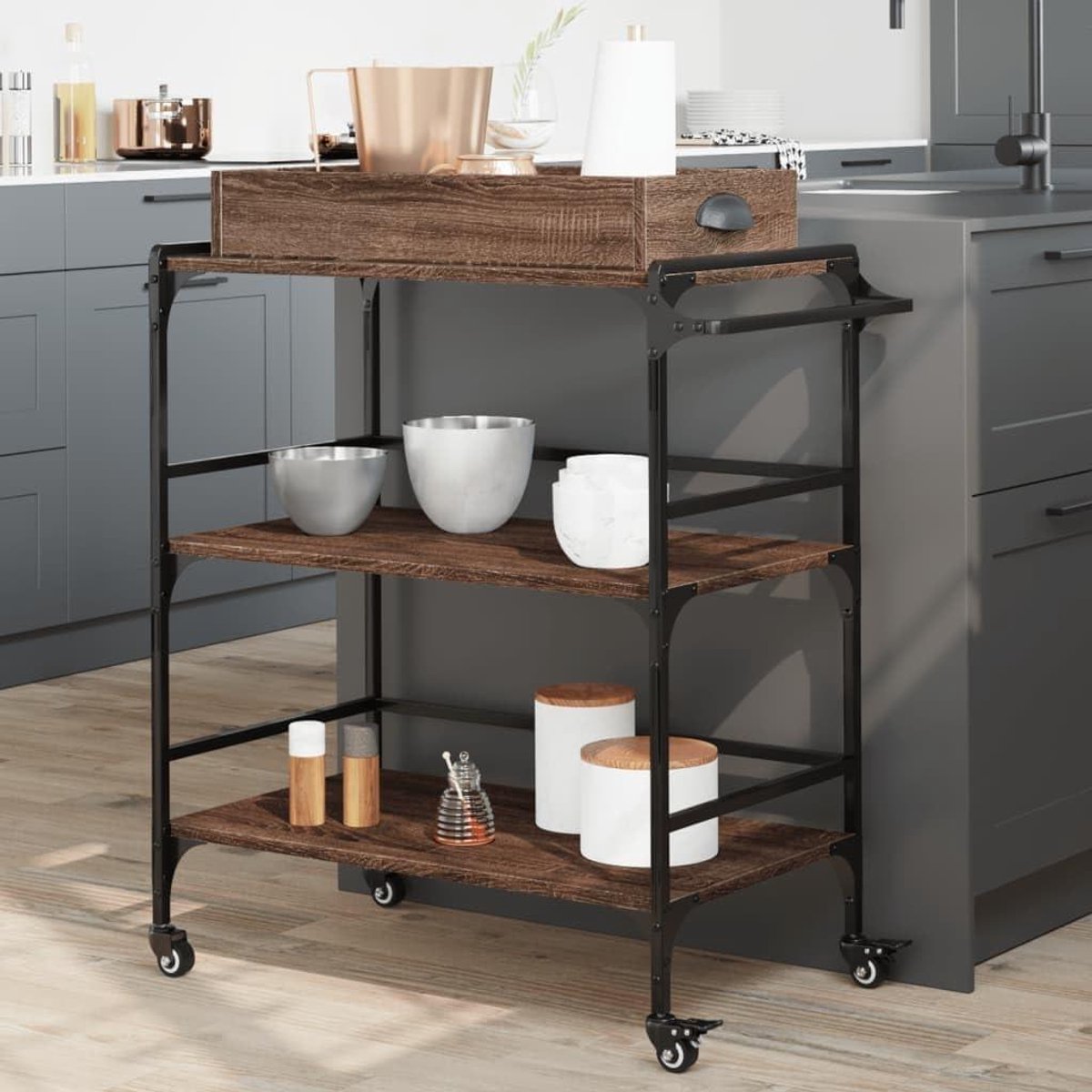 Keuken Trolley - Dienbladwagen - Extra Opbergruimte - Vintage Stijl - 92.5 cm Hoog - Bruin